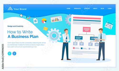 Businessman creating plan, worker discussing, scheme strategy, diagram and set icon. Employees cooperation, brainstorming idea vector. Landing page or app slider in flat design style, webpage template