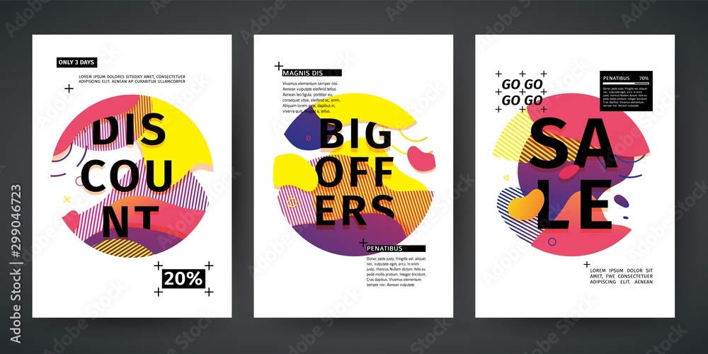 Set template design of sale and offer banner. Abstract modern graphic circle elements. Flyer with dynamical gradient colors around forms and line. Cover with background flowing liquid shapes. Vector Set template design of sale and offer banner. Abstract modern graphic circle elements. Flyer with dynamical gradient colors around forms and line. Cover with background flowing liquid shapes. Vector
