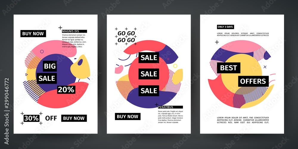 Set template design of sale and offer banner. Abstract modern graphic circle elements. Flyer with dynamical bright color around forms and line. Cover with background flowing liquid shapes. Vector. Set template design of sale and offer banner. Abstract modern graphic circle elements. Flyer with dynamical bright color around forms and line. Cover with background flowing liquid shapes. Vector.
