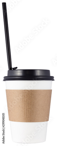 paper coffee cup with straight cocktail tube or straw isolated on white background