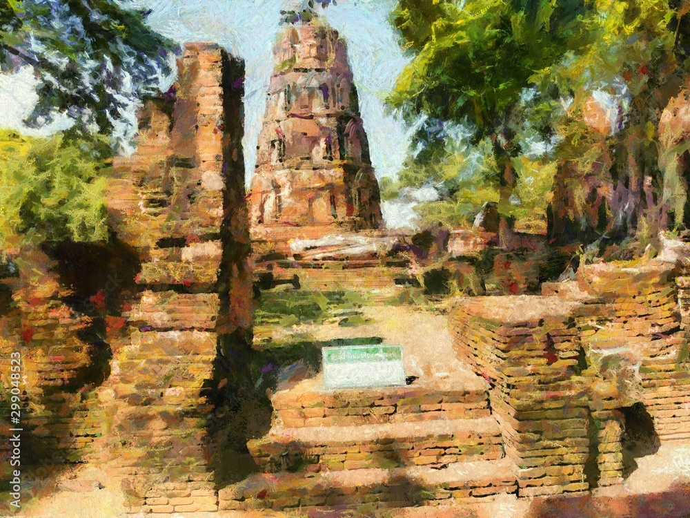 Archaeological site in Ayutthaya Illustrations creates an impressionist style of painting.