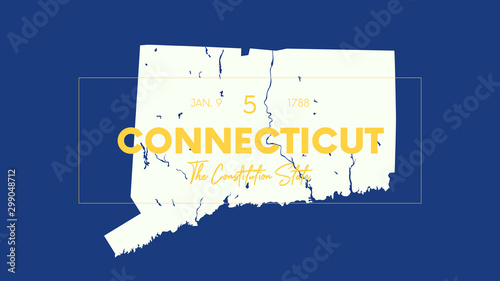 5 of 50 states of the United States with a name, nickname, and date admitted to the Union, Detailed Vector Connecticut Map for printing posters, postcards and t-shirts