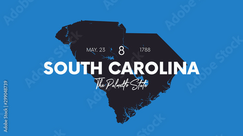 8 of 50 states of the United States with a name, nickname, and date admitted to the Union, Detailed Vector South Carolina Map for printing posters, postcards and t-shirts