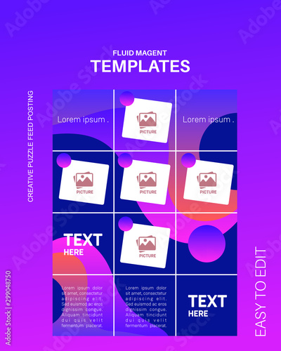 modern social media post feed, instagram feed, purple, blue, minimalist.