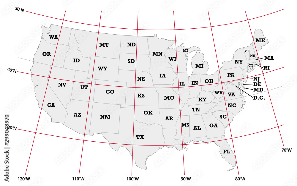 administrative map United States with latitude and longitude Stock