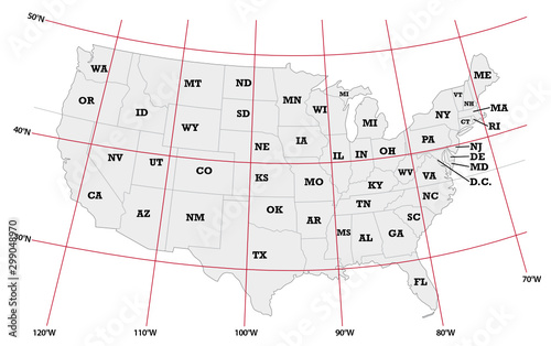administrative map United States with latitude and longitude