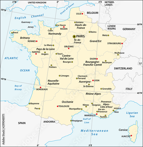 administrative map of France with latitude and longitude