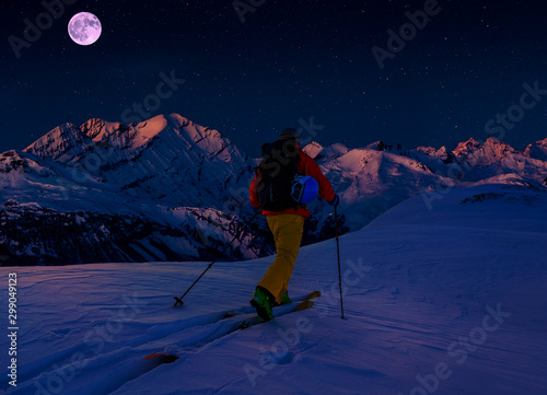 Принти на полотні Scenic night backcountry ski panorama sunset landscape of Crans-Montana range in Swiss Alps mountains with peak in background, Verbier, Switzerland