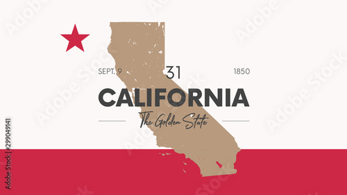 31 of 50 states of the United States with a name, nickname, and date admitted to the Union, Detailed Vector California Map for printing posters, postcards and t-shirts