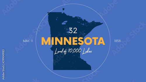 32 of 50 states of the United States with a name, nickname, and date admitted to the Union, Detailed Vector Minnesota Map for printing posters, postcards and t-shirts