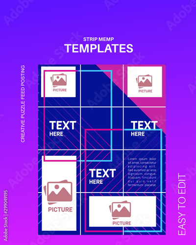 modern social media post feed, instagram feed, purple, blue, minimalist.