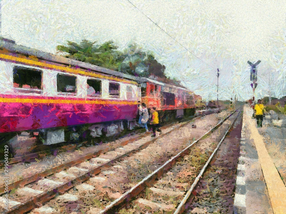 Thai train at train station Illustrations creates an impressionist style of painting. Thai train at train station Illustrations creates an impressionist style of painting.
