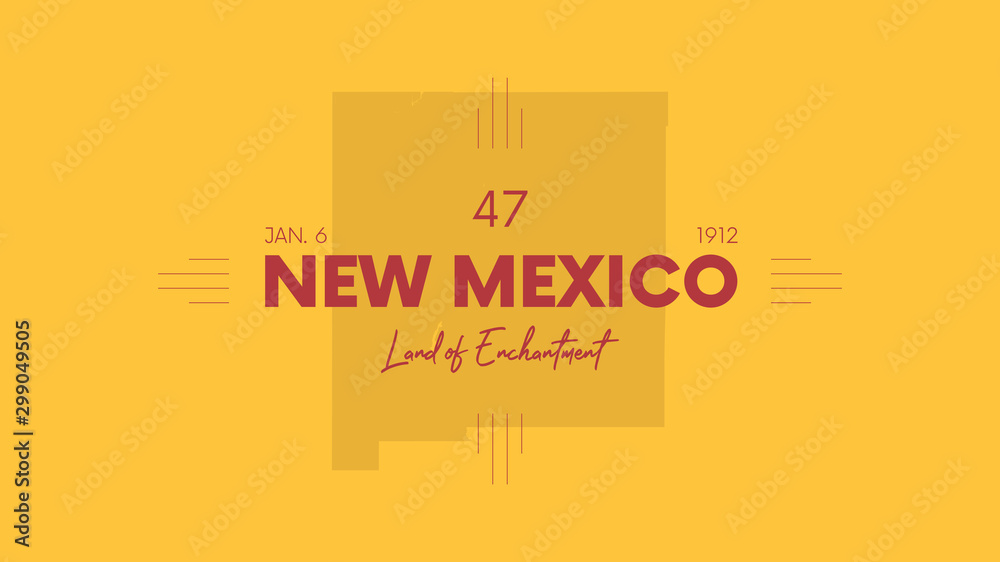 Fototapeta premium 47 of 50 states of the United States with a name, nickname, and date admitted to the Union, Detailed Vector New Mexico Map for printing posters, postcards and t-shirts