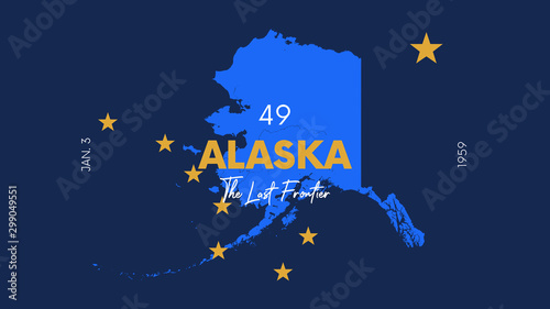 49 of 50 states of the United States with a name, nickname, and date admitted to the Union, Detailed Vector Alaska Map for printing posters, postcards and t-shirts photo