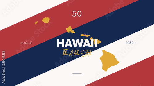 50 of 50 states of the United States with a name, nickname, and date admitted to the Union, Detailed Vector Hawaii Map for printing posters, postcards and t-shirts