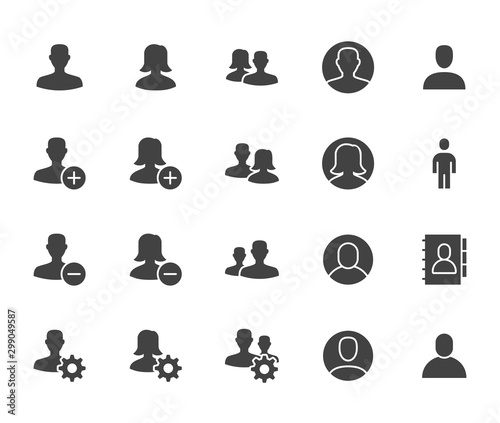 People icons, simple flat glyph set. Man, woman avatar, user profile, contact person, team vector illustrations. Black signs for social network, web site. Silhouette pictogram pixel perfect 64x64