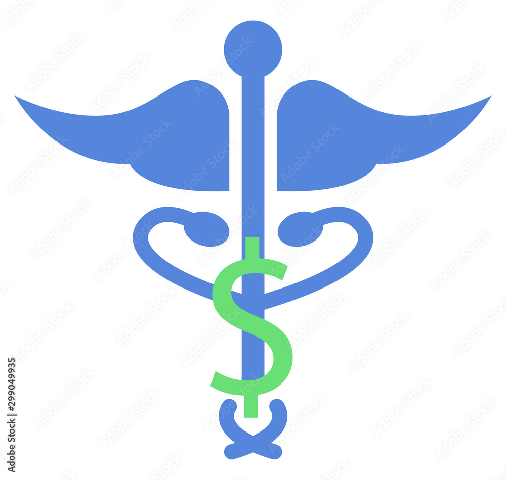Caduceus medical symbol from wings, snakes and dollar sign, ambulance or  hospital icon in blue color. Serpent and currency, drugstore logotype for  print on t-shirt. Vector in flat cartoon style Stock Vector |