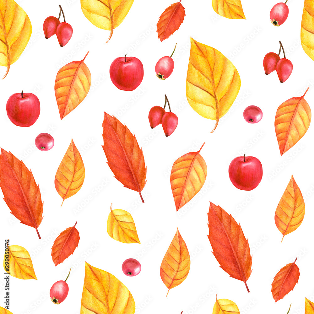 Obraz premium seamless pattern, autumn harvest, watercolor illustration dry leaves on a white background