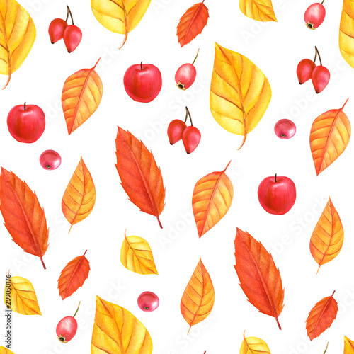 seamless pattern  autumn harvest  watercolor illustration dry leaves on a white background