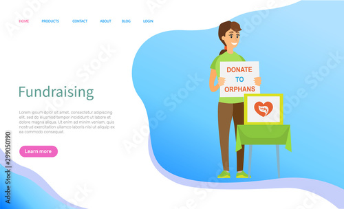 Fundraising online, volunteer character standing with poster donate to orphans, charity box on table, supporter assistance, social help vector. Website or slider app, landing page flat style