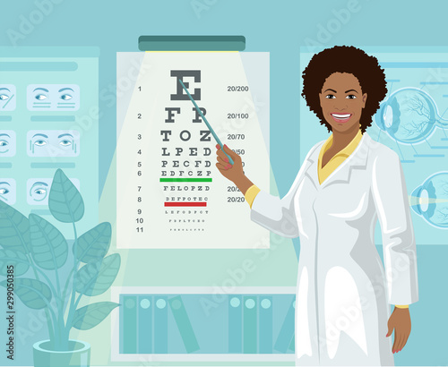 Young African American woman ophthalmologist conducts a visual acuity test. Oculist in medical office shows Snellen eye chart. Vector illustration