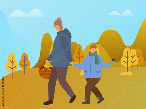 Dad and son in autumn park gathering mushrooms vector. Man and boy carrying basket with harvested vegetables. Mushrooming man and kid, characters wearing warm clothes. Hobby of male in fall season