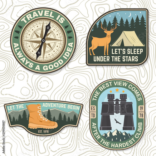 Set of outdoor adventure quotes symbol. Concept for badge, patch, shirt, logo, print, stamp or tee. Design with condor, camping tent, hiking boots, compass, mountains and forest silhouette.