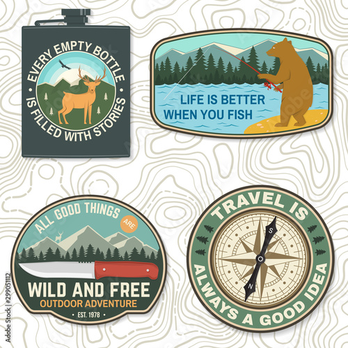 Set of outdoor adventure quotes symbol. Vector. Concept for badge, patch, shirt, print, stamp or tee. Design with fishing bear, knife, mountains, deer, compass, flask, mountains silhouette.