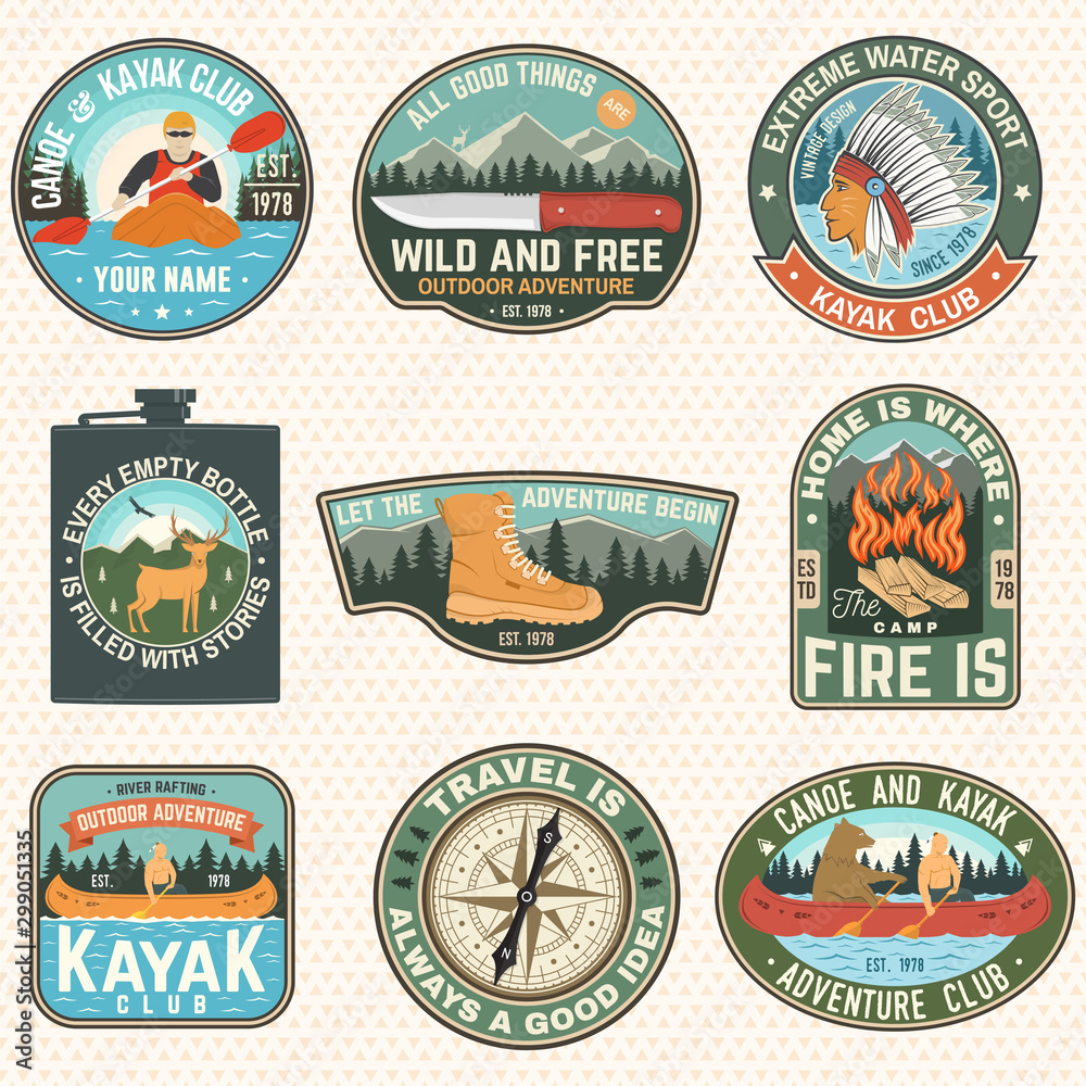 Set of Summer camp badges, patches. Vector. Concept for shirt or logo, print, stamp, patch or tee. Design with campfire, knife, hiking boots, canoe or kayak and forest silhouette