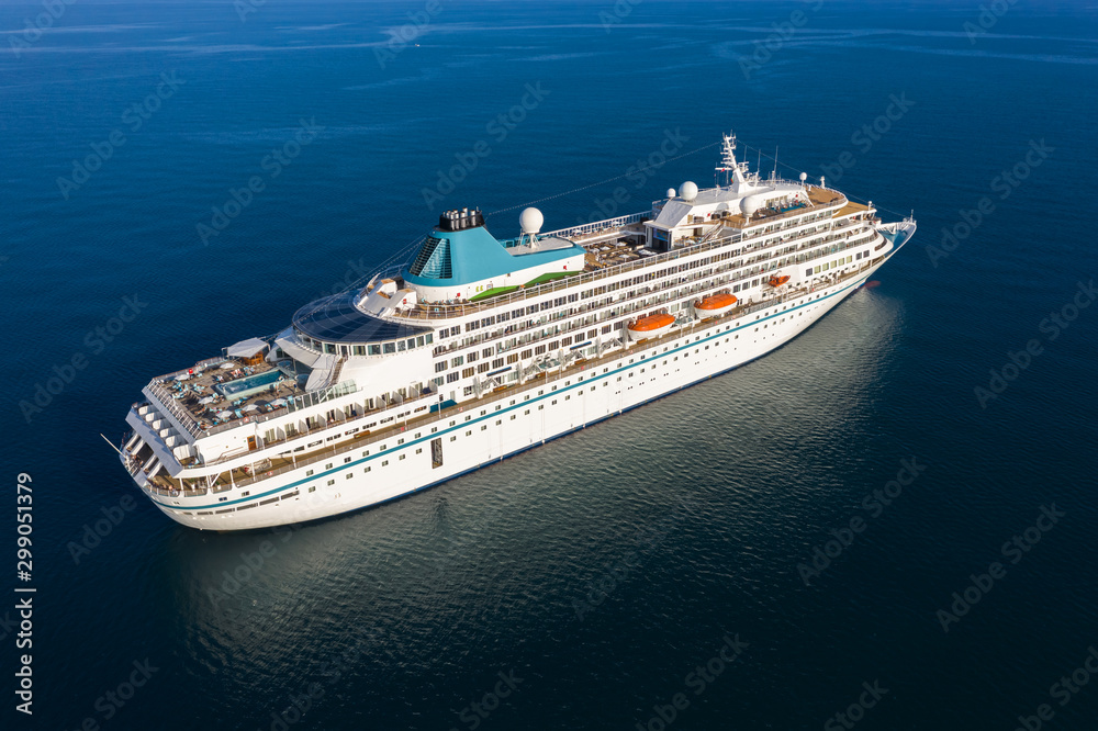 View of drone to passenger ship in sea View of drone to passenger ship in sea