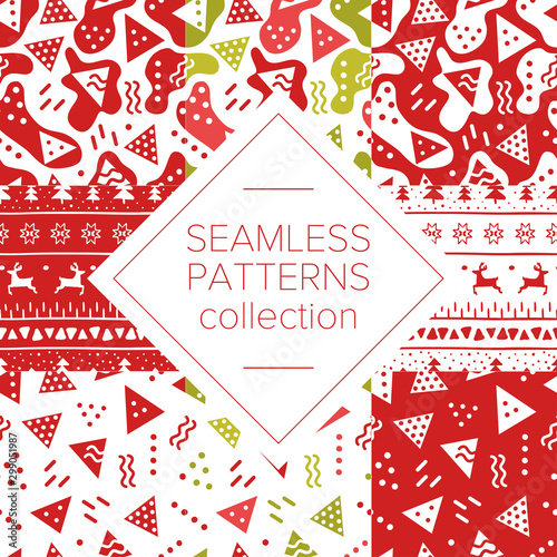 Simple abstract seamless patterns with triangles, dots, waves and stripes. Festive Christmas theme in red and green for wrapping paper. Baby or kids style. Backgrounds set