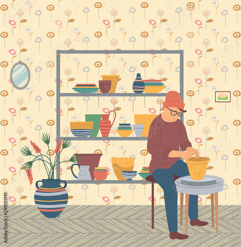 Man making pots, hipster male character sitting by wheel table with clay. Training practicing hipster, shelf with bowls and plates, cups and mugs, plant. Vector illustration in flat cartoon style