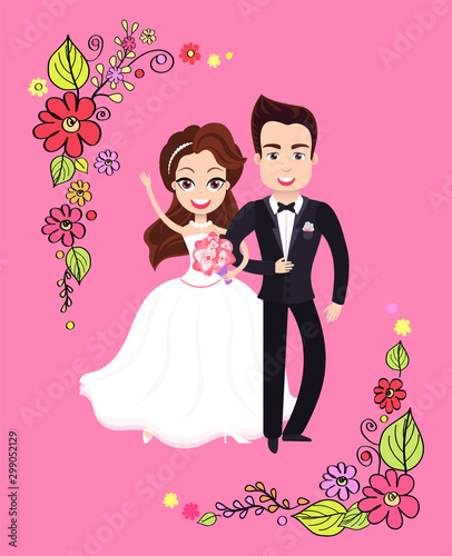 Bride standing and embracing groom, newlyweds characters, wedding postcard with couple, romantic invitation decorated by frame from flowers. Vector illustration in flat cartoon style
