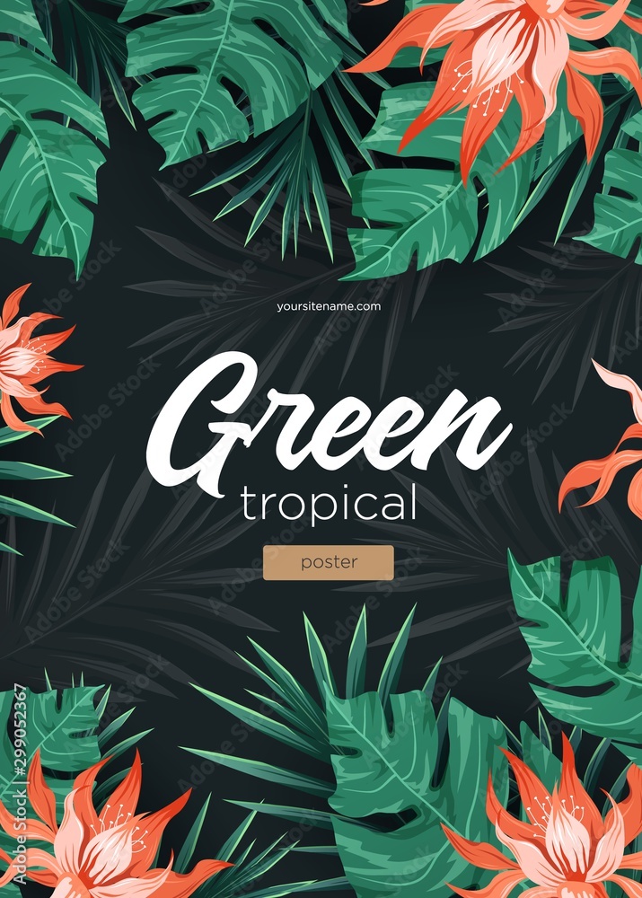 Naklejka Bright tropical background with jungle plants. Exotic pattern with tropical leaves