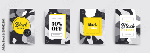 Set of black friday sale brochures templates. Memphis covers design. Trendy colorful bubble shapes composition. Vector backgrounds. Applicable for covers, placards, posters, flyers and banner designs.