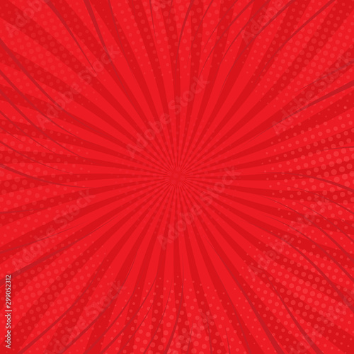 Bright template for a comic book page with red rays and halftone effects on a radial background. Vector illustration