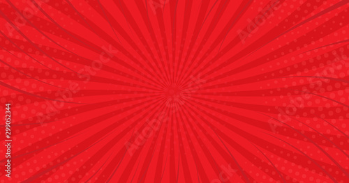 Red comic background with rays. Vector illustration
