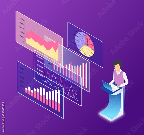 Working person with information vector, structures and diagrams with numeric info, data on board, flowcharts with timeline and colored parts segments 3d isometric