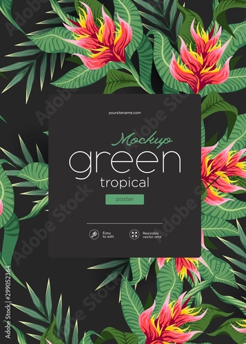 Bright tropical background with jungle plants. Exotic pattern with tropical leaves