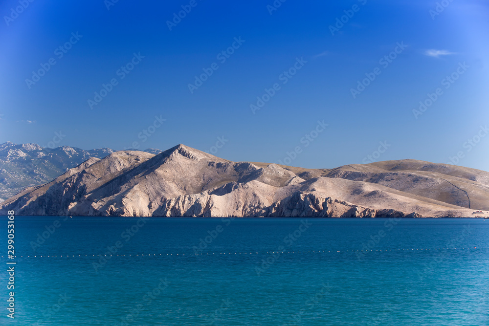 Mountainous, barren landscape at the coast, Baska, Krk Island, Kvarner Gulf, Adriatic Sea, Croatia, Europe