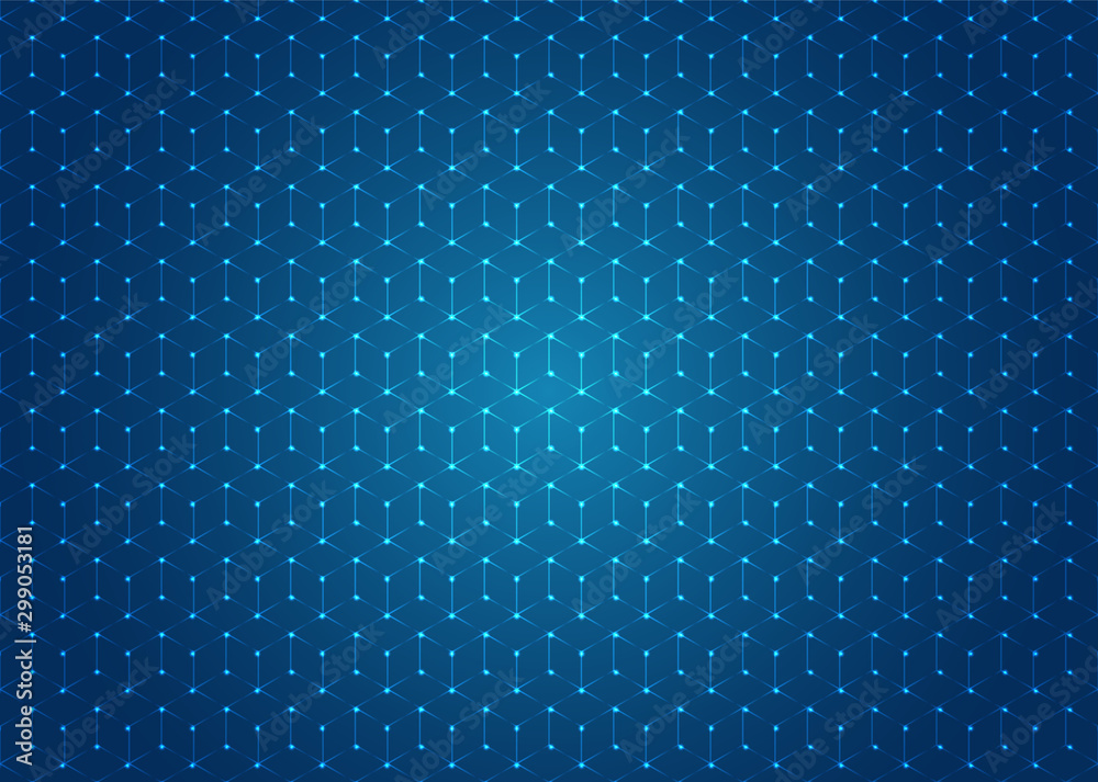 Abstract geometric hexagons shapes seamless pattern with illuminated dot on blue background.
