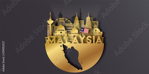 Malaysia Travel postcard panorama, poster, tour advertising of world famous landmarks in paper cut style.