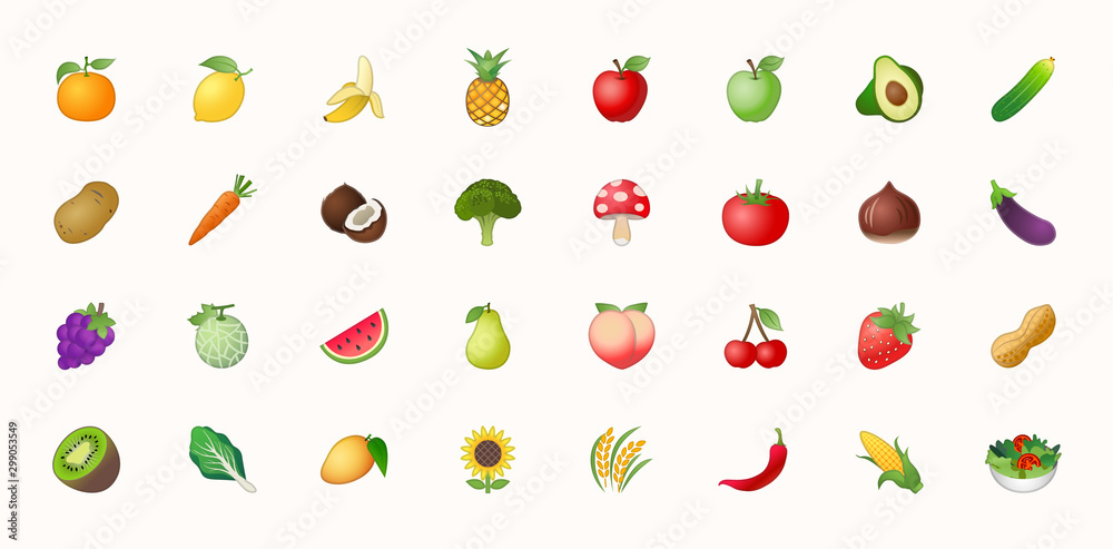 Fruits vector icons set. Fruits are apple, lemon, banana, orange, pear ...
