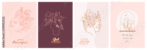 Set of motivation and inspiration posters with abstract leaf and flower elements, hands and girl portrait in one line style. Illustration in minimalistic style. Editable vector illustration