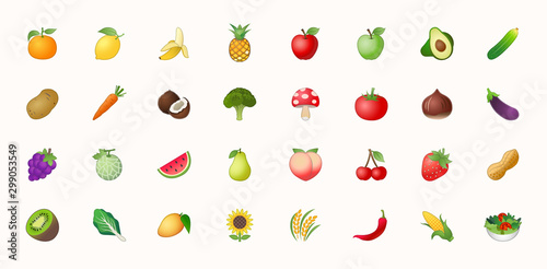 Fruits vector icons set. Fruits are apple, lemon, banana, orange, pear, pineapple, grapes, cherries, strawberry, and blueberries emojis collections