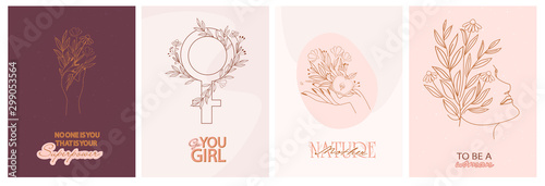 Set of motivation and inspiration posters with abstract leaf and flower elements, hands and girl portrait in one line style. Illustration in minimalistic style. Editable vector illustration