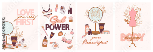 Set of cute motivational and inspirational girl power posters with set of natural organic cosmetics products in bottles, jars, tubes for skin and lingerie. Vector Illustration.