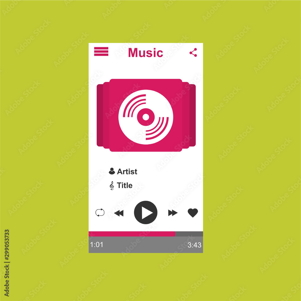 Media player application, app template with flat design style for smart phones, PC or tablets. Clean and modern - Vector Media player application, app template with flat design style for smart phones, PC or tablets. Clean and modern - Vector