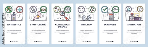 Mobile app onboarding screens. Stomach pain, health problems, disease, kidney infection, antiseptic. Menu vector banner template for website and mobile development. Web site design flat illustration