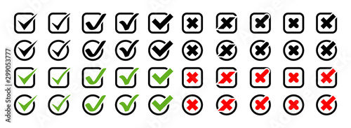 Big set of Check Marks with Crosses different shapes and color. Check Marks with Crosses Vector Icons, isolated on white background. Check Marks with Crosses in modern simple flat style